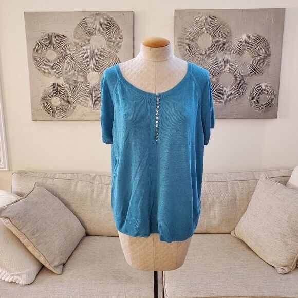 Nic + Zoe Linen Button Up Knit Tee size XXL in Deep Turquoise - NEW - Picture 5 of 13